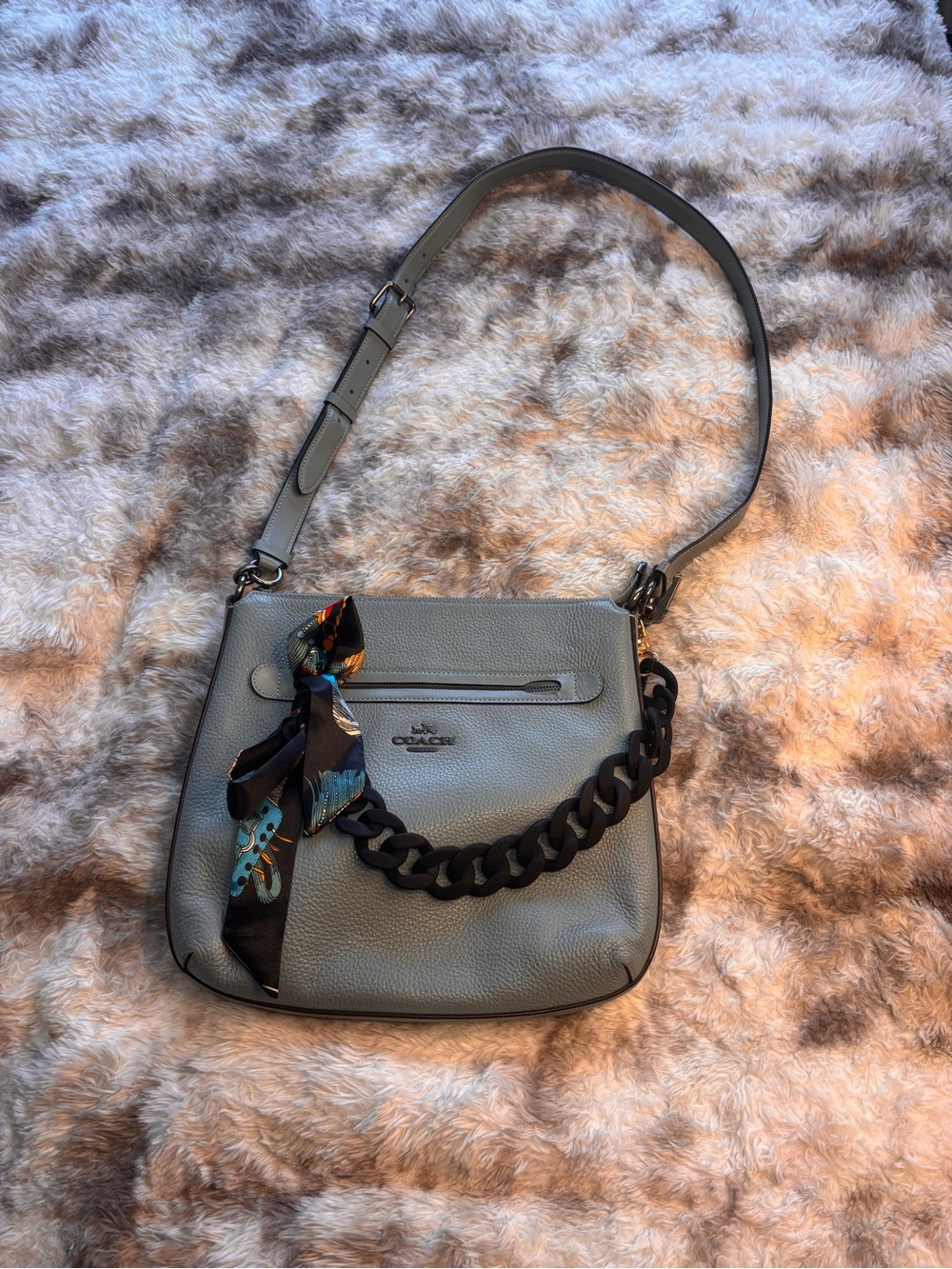 Coach Pebbled Leather Crossbody Bag in light blue with Chain and scarf included